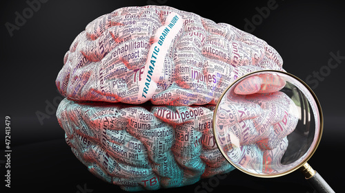 Traumatic brain injury in human brain, hundreds of terms related to Traumatic brain injury projected onto a cortex to show broad extent of this condition, 3d illustration photo