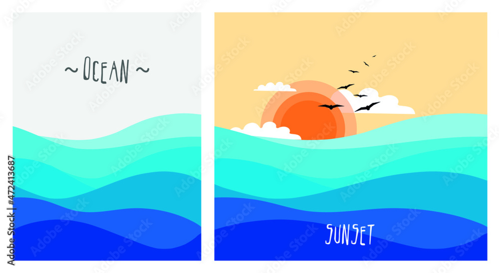 illustration of an sea waves and sunset background