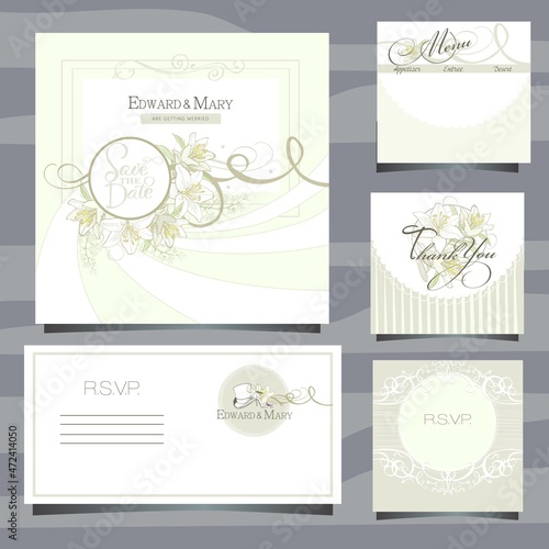 wedding invitation card with lily flowers, rsvp design, menu card