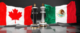 Canada Mexico summit, meeting or aliance between those two countries that aims at solving political issues, symbolized by a chess game with national flags, 3d illustration