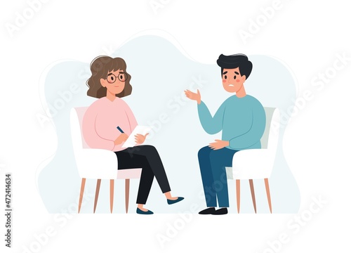 Psychotherapy session - man talking to psychologist. Mental health concept, vector illustration in flat style