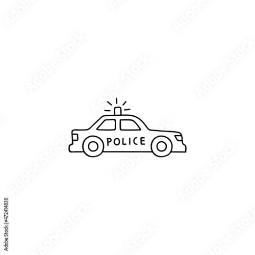cop car icon, patrol car symbol in flat black line style, isolated on white background