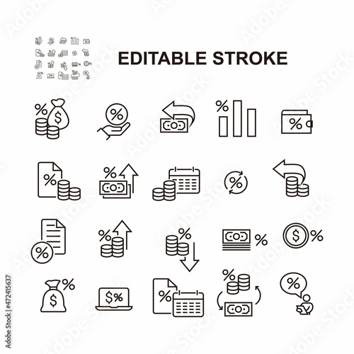 Loan related vector line icon set. Fees outline icons. Tax icon collection.