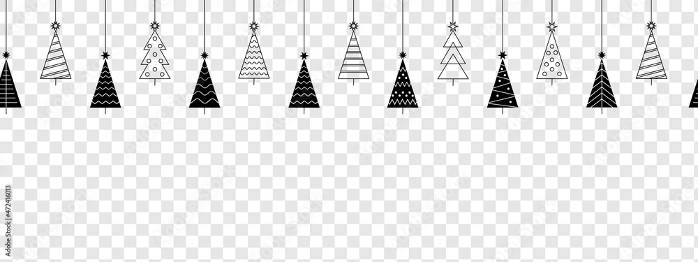 Christmas and New Year seamless banner or border. Vector Christmas tree set isolated on transparent background.Line black icon.