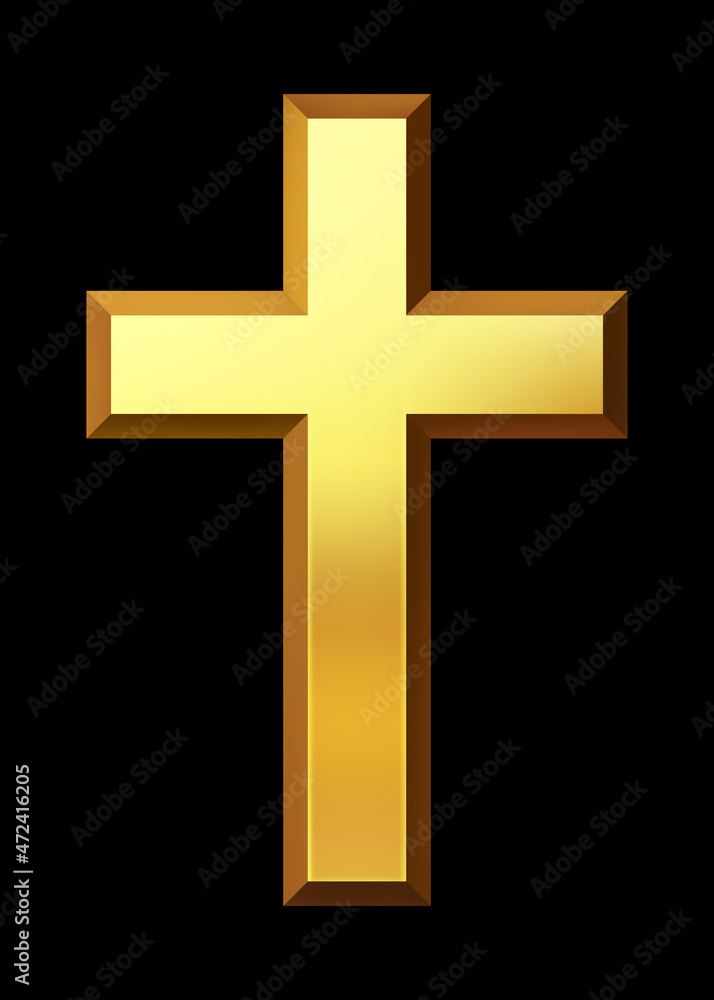 Golden christian cross, gold catholic crucifixion. Religious attribute.