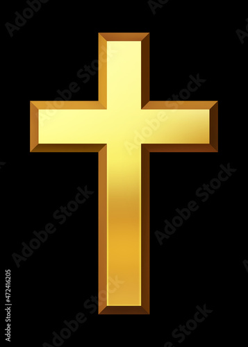 Golden christian cross, gold catholic crucifixion. Religious attribute.