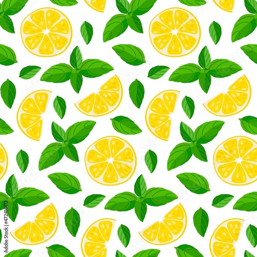 Mint Lemon Tea seamless pattern. Tea leaves, lemon slice, mint leaf. Flat vector illustration on white background for wallpaper, wrapping, packing, textile, scrapbooking. International Tea Day.