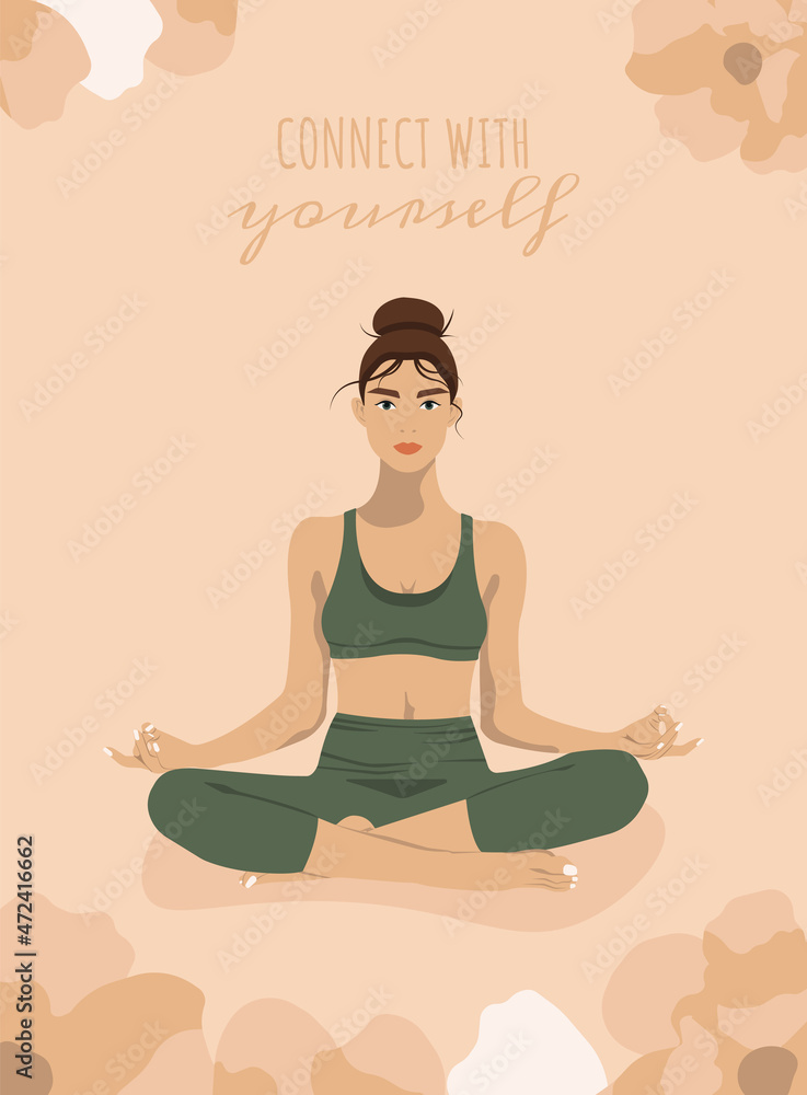 Meditating woman in lotus position. Faceless style. Vector illustration.