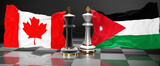 Canada Jordan summit, meeting or aliance between those two countries that aims at solving political issues, symbolized by a chess game with national flags, 3d illustration