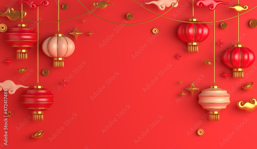 Chinese new year background 2022 with lantern, Chinese gold coin, copy space text, 3d rendering illustration Chinese new year background 2022 with lantern, Chinese gold coin, copy space text, 3d rendering illustration