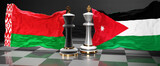 Belarus Jordan summit, meeting or aliance between those two countries that aims at solving political issues, symbolized by a chess game with national flags, 3d illustration