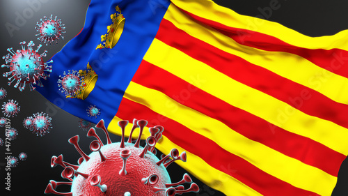 Borriana and covid pandemic - virus attacking a city flag of Borriana as a symbol of a fight and struggle with the virus pandemic in this city, 3d illustration photo