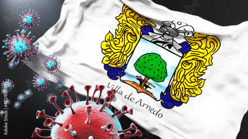 Chancay and covid pandemic - virus attacking a city flag of Chancay as a symbol of a fight and struggle with the virus pandemic in this city, 3d illustration photo
