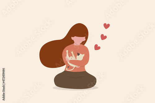 Pet Therapy give emotional support, companionship, friendship, reduce stress and loneliness, heal depression and anxiety, positive mental health, happy woman hold her beloved cat comforting emotion.