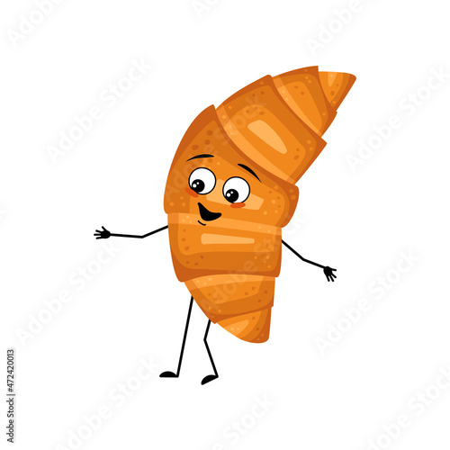 Cute croissant character with happy emotions, face, smile eyes, arms and legs. Cheerful baking person, bun with joyful expression. Vector flat illustration