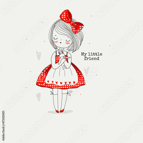 Cute cartoon girl with bunny toy in hands. Illustration for kids and children prints, apparel and other design