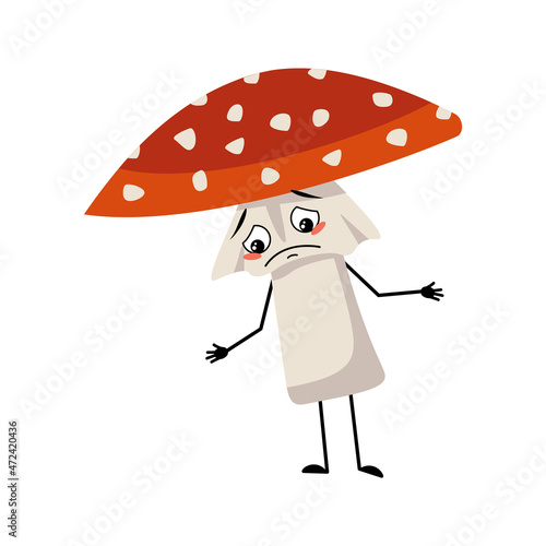 Cute amanita character with crying and tears emotion, sad face, depressive eyes, arms and legs. Fly Agaric Mushroom from forest with melancholy expression