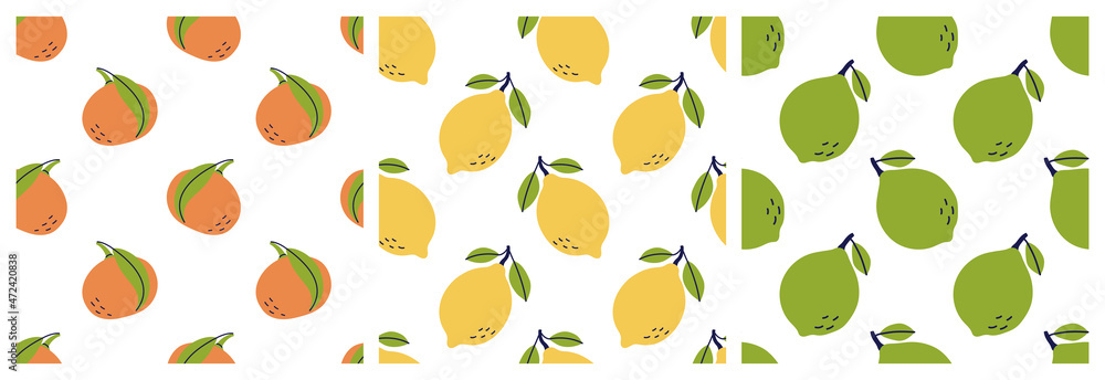 Citrus fruit seamless pattern bundle. Lemon, mandarin, tangerine and lime. Color illustration collection in hand-drawn style. Vector repeat background set Citrus fruit seamless pattern bundle. Lemon, mandarin, tangerine and lime. Color illustration collection in hand-drawn style. Vector repeat background set