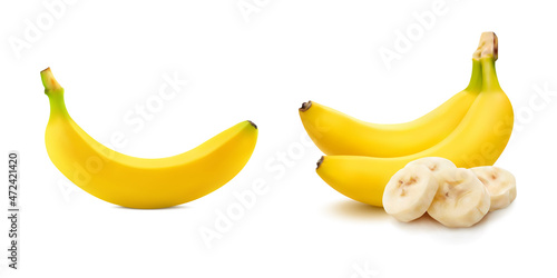 Realistic ripe bananas and slices on white background vector illustration