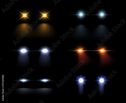 Realistic car headlights. Front light beams, transparent bright glowing light rays. Vector image.