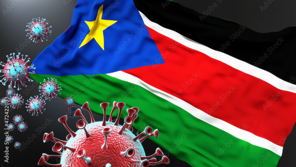 Obraz South Sudan and the covid pandemic - corona virus attacking national flag of South Sudan to symbolize the fight, struggle and the virus presence in this country, 3d illustration fototapeta, plakat