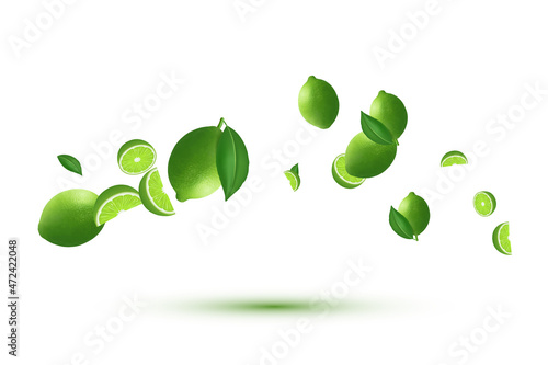 Lime with lime slices and eaves in flight. Realistic vector image isolated on white