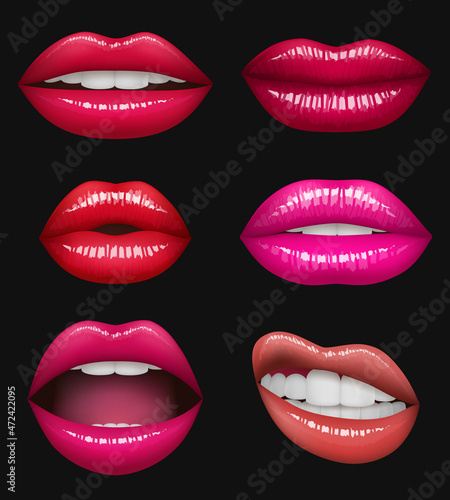 Lips realistic set with bright lipstick isolated on white. Realistic vector illustration.