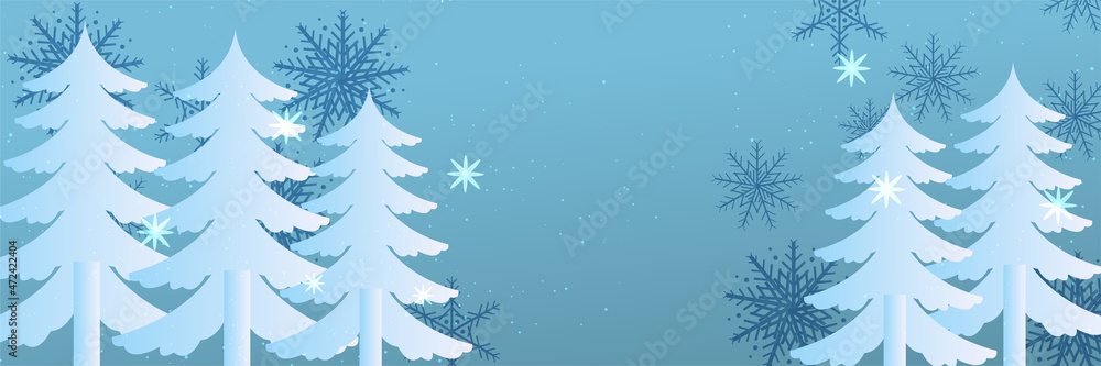 Winter Christmas banner with snowflakes. Merry Christmas and Happy New Year greeting banner. Horizontal new year background, headers, posters, cards, website. Vector illustration