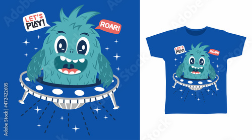 Cute monster with ufo cartoon tshirt designs