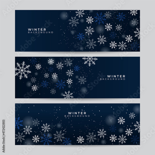 Set of Blue Christmas banner with snowflakes. Merry Christmas and Happy New Year greeting banner. Horizontal new year background, headers, posters, cards, website. Vector illustration