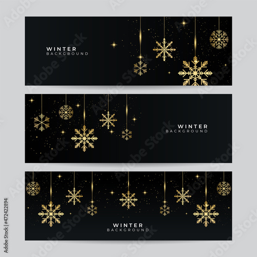 Set of black gold Christmas banner with snowflakes. Merry Christmas and Happy New Year greeting banner. Horizontal new year background, headers, posters, cards, website. Vector illustration