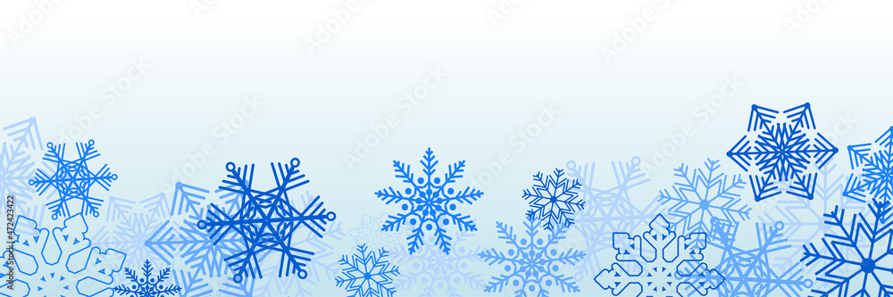 Fototapeta premium Winter Christmas banner with snowflakes. Merry Christmas and Happy New Year 2022 greeting banner. Horizontal new year background, headers, posters, cards, website. Vector illustration