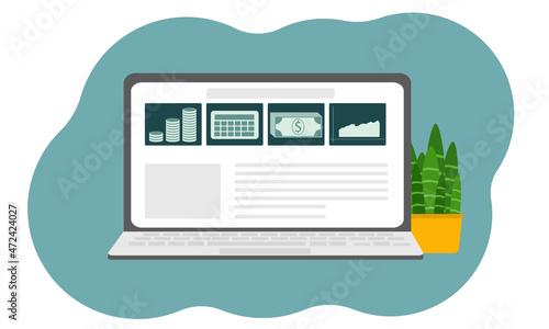 Concept for online business, investment. Laptop with a website, around the money icon, charts, calculator, dollar symbol