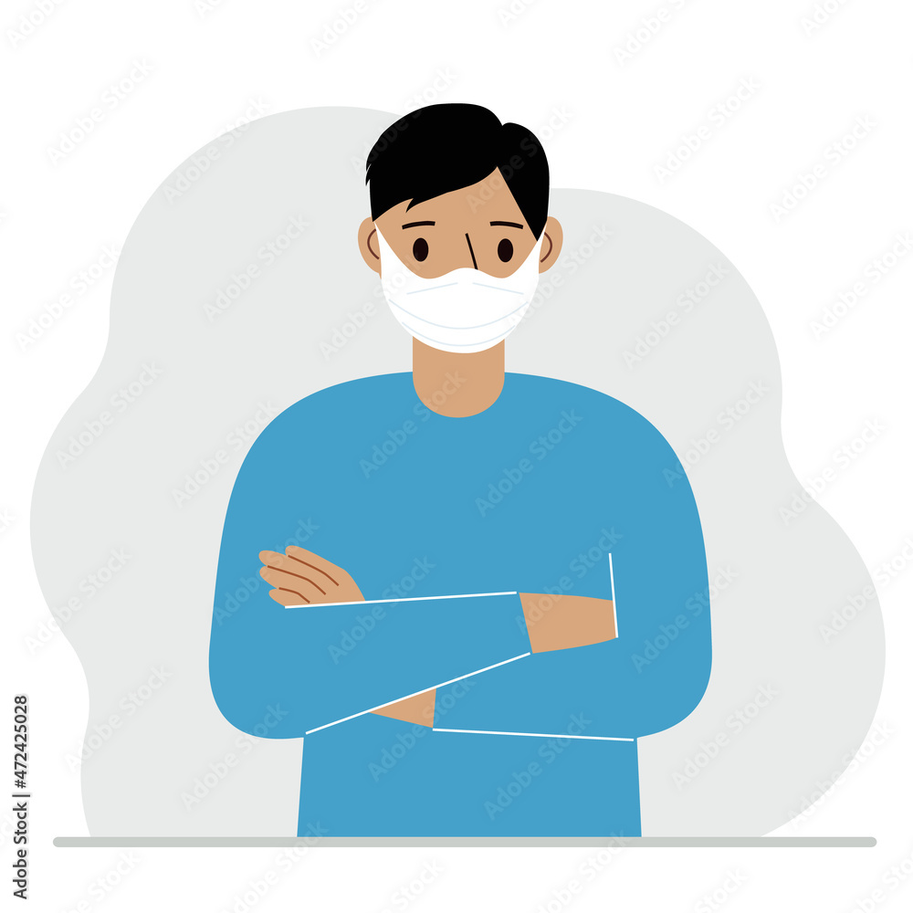 A man in a protective medical face mask. The man wears protection against viruses, urban air pollution, smog, vapors, and polluting gas emissions.