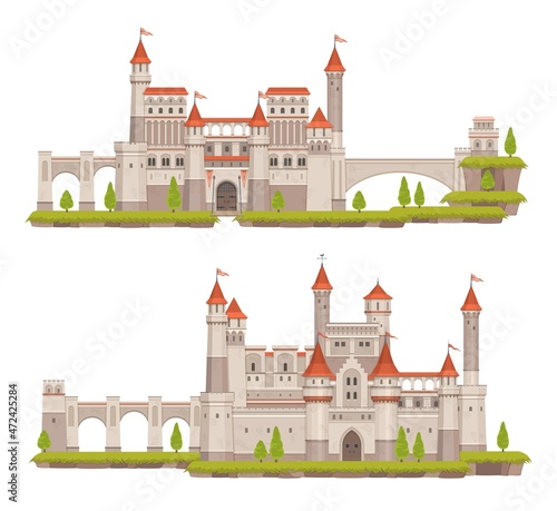 Cartoon medieval fairytale stone castle with towers, gates and flags. Isolated vector buildings of fantasy kingdom fortress, king palace or mansion, knight fort or citadel castle