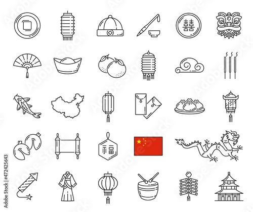 Chinese holiday, religion and national symbols, vector line icons. Chinese lunar new year lanterns, dragon and lucky knot, map and flag, pagoda temple, tangerine and coins,cloud and golden ingot hat