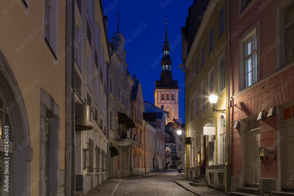 Church of St. Olaf and old houses in the historical center of Tallinn, Estonia