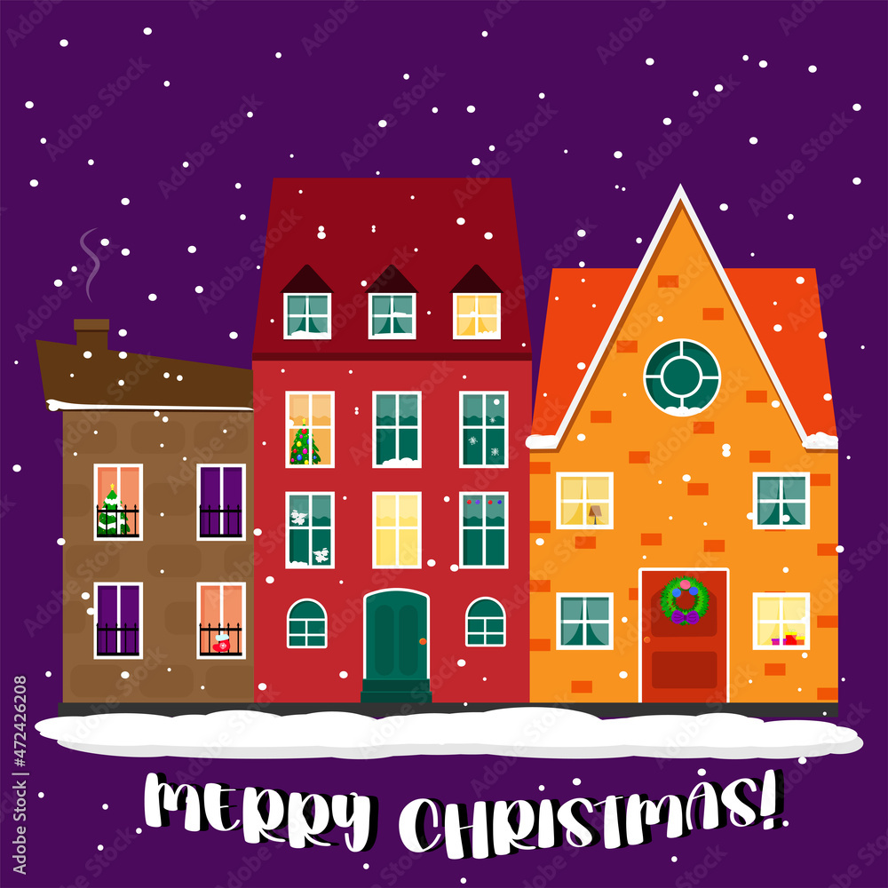 Merry Christmas illustration, christmas city in snow, winter town, houses with decoration, happy new year mood