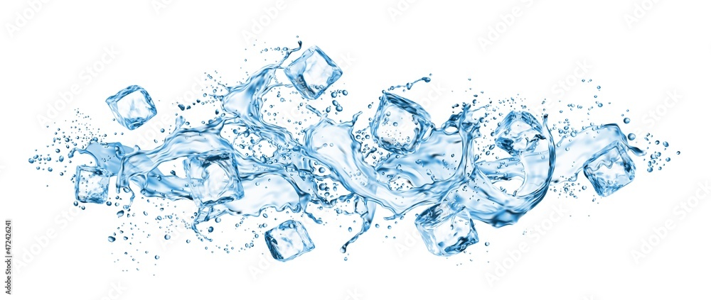 Realistic frozen ice cubes and water wave splashes, kitchen skinali ...