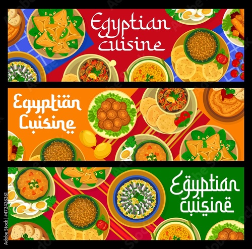 Egyptian cuisine food banners, Arab dishes and meals, vector. Egyptian cuisine restaurant lunch and dinner menu of couscous with lamb, shurba rice soup and stuffed tomatoes, anchovy and duck