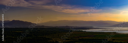 landscape of mountains  sky and lake