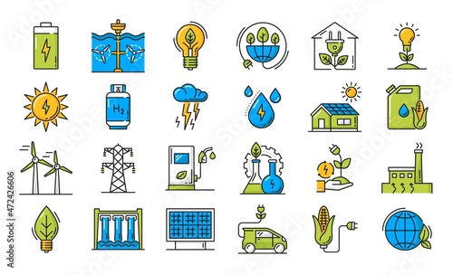 Environment and clean green energy line icons. Green technology of electricity and bio fuel production outline vector icons set with electric car, solar, wind and hydro power station, geothermal plant