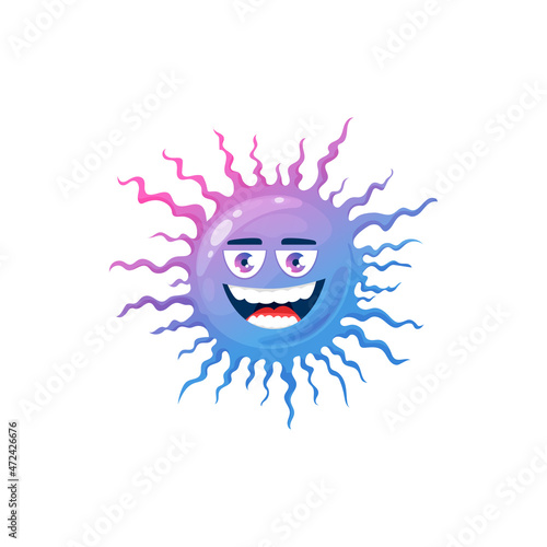 Cartoon virus cell vector icon, furry bacteria or germ character with toothy smiling face. Covid pathogen microbe monster with big wide open eyes, isolated coronavirus yellow cell with sharp pikes