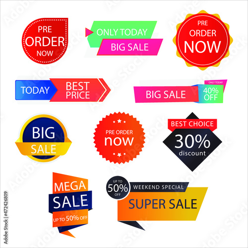 Best Price Super Sale Mega Sale Weekend Sale Pre Order Now Big Sale Discount Badges and Emblems Flat Vector