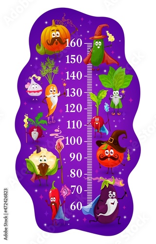 Cartoon vegetable wizards, magicians and sorcerers kids height chart. Vector growth meter sticker scale with funny carrot, tomato, eggplant and spinach, pumpkin and cucumber veggie characters