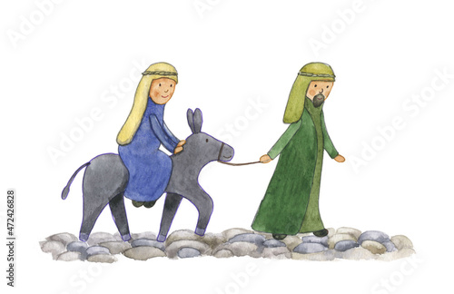 Watercolor drawing Christmas story. Mary and Joseph going to the Bethlehem