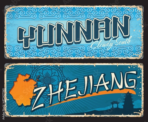 Yunnan, Zheijang Chinese regions plates. China southern and eastern provinces tin signs, vintage travel stickers or grunge plates with territory map silhouette, oriental ornaments and pagoda temple photo