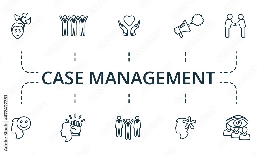 Case Management icon set. Collection of simple elements such as the leadership, autonomy, team spirit, meetup, benevolence, publicity.