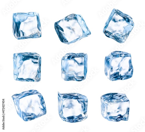 Isolated ice cubes, realistic crystal ice blocks, transparent pieces on white background. 3d vector blue ice for drink cooling, square frozen water blocks set for alcohol or cocktail beverages