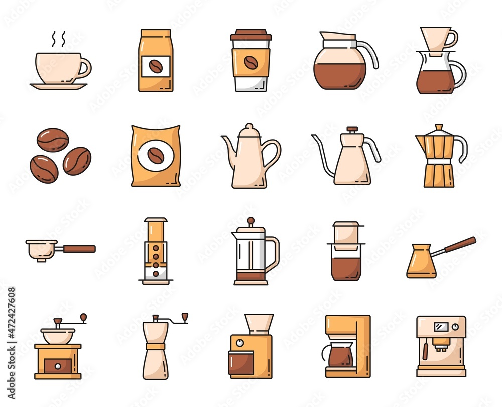 Coffee drink line icons set. Steaming hot coffee cup, beans bag and moka pot, manual and power coffee grinders, espresso and drip machine, turkish cezve, french and american press outline pictogram Coffee drink line icons set. Steaming hot coffee cup, beans bag and moka pot, manual and power coffee grinders, espresso and drip machine, turkish cezve, french and american press outline pictogram